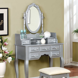 Vanity 004 - Finish: Silver<br><br><b>DIMENSIONS</b><br><br>Table: 31 5/8 L X 15 3/4 W X 29 7/8 H<br><br>Mirror: 30 1/4 L X 29 H X 9 1/2 D<br><br>Stool: 15 1/2 L X 15 1/2 W X 17 3/4 H