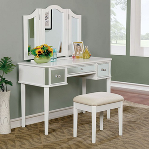 Vanity 005 - Finish: White<br><br>Available in Silver<br><br><b>DIMENSIONS</b><br><br>Table: 43 1/4 L X 20 W X 30 H<br><br>Mirror<br><br>35 7/8 L X 26 1/2 H X 7 7/8 D<br><br>Stool: 18 3/4 L X 13 3/4 W X 17 1/2 H 