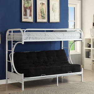 M Bunkbed 066 - Finish: White<br><br>Available in Black, Blue & Silver<br><br>Available in Twin/Full Futon Bunk Bed<br><br>Bunkie Board Not Required<br><br>Dimensions: 84