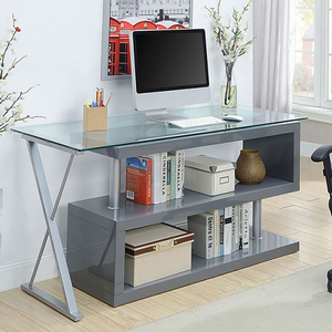 Desk 003 - Finish: Gray<br><br>Available in Black & White<br><br>Dimensions: 59 1/4 - 55 1/8 L x 23 5/8 D x 29 (WHEN SHELF OPEN: 55 1/8 W)