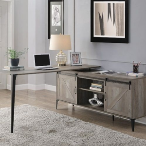 Desk 018 - Finish: Gray Oak & Black<br><br>Dimensions: 65 L X 65 W X 31 H