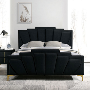 Item # 001Q - Shell Tufting and gold-coated steel legs<br><br>Thick padded headboard and footboard<br><br>Upholstered in Soft Flannelette