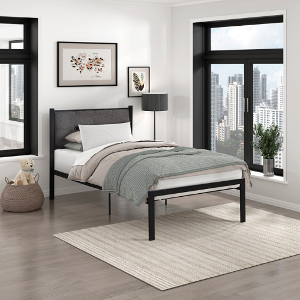 Twin Bed 103 - Finish: Black w/ Gray Upholstered Headboard<br><br>Available in Full Size<br><br>Dimensions: 42 x 76.5 x 39.5H