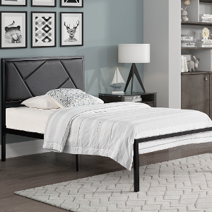 Twin Bed 104 - Finish: Gunmetal w/ Gray Upholstered Headboard<br><br>Available in Full Size<br><br>Dimensions: 41 x 77 x 40H