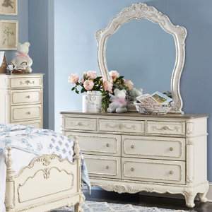 Dresser 005 - Finish: Antique White with Gray Rub-Through Finish<br><br>Dimensions: 56.25 x 18 x 33H
