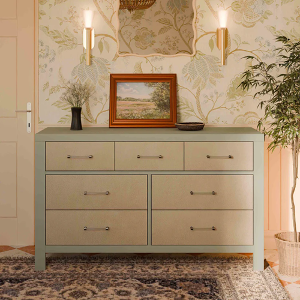 DR Baby 097 - Finish: French Sage and Performance Sand Eco-Weave<br><br>Available in Honey and Performance Sand Eco-Weave, Natural Walnut & Performance Sand Eco-Weave & White Driftwood and Performance Pearl Eco-Weave<br><br>Dimensions: 56 L x 19 W x 34 H