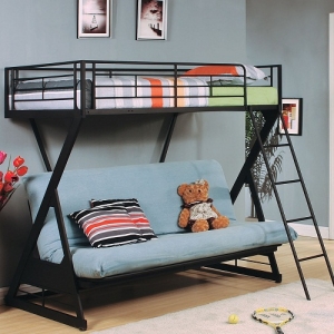 M Bunkbed 085 - Sandy black finish<br><br>Includes book shelf<br><br>Opening guard rails<br><br>Reversible ladder<br><br>Modern style<br><br>