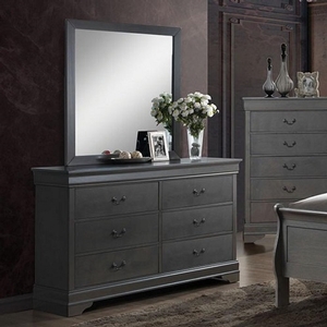 Item # 279DR - Style Contemporary<br>
Color/Finish Gray<br>
Material Solid wood, wood veneer, others<br>
Hardware Pewter hanging pulls<br>
Product Dimension Dresser 58 3/8