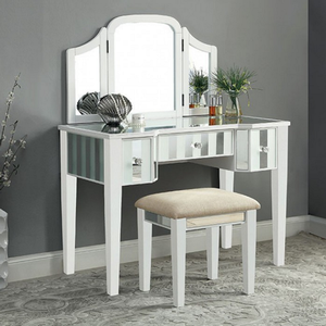 Item # 931V Vanity w/ Stool & Mirror - Finish: White<br><br>Dimensions: Vanity: 37 1/2L X 19 1/2W X 34H<br><br>Stool: 19 1/4W 15DIA X 17H<br><br>Mirror: 36 3/8L x 3/4D x 22H