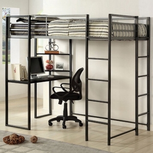 Item # MLB010 - Available in Twin<br><Br>Workstation w/ Shelves<br><br>Metal Upper Safety Rails<br><br>Full Metal Construction<br><br>Silver & Gun Metal Finish<br><br>