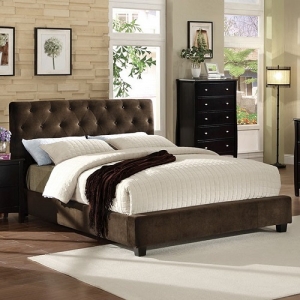 Item # 036Q - The low profile platform bed has a richly upholstered dark brown velvet headboard with repeating button tufting.