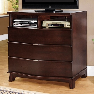 Item # 020MCH Media Chest - The unique contrast between the rich brown cherry finish and the brushed nickel pulls are used to showcase the easy functionality of these drawers.