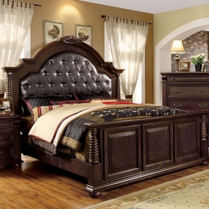 Item # 059Q - The headboard has a carved frame and is upholstered with button tufted leatherette in espresso. <br><Br>
