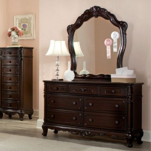 Item # 163DR Dresser - This Victorian Style Nightstand, with dovetailed drawers and metal glides, incorporates floral motif hardware, antique ecru finish and traditional carving details <br><Br>
