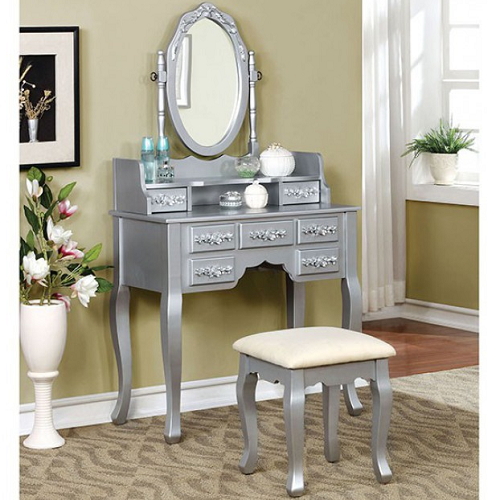 Item # 005V Vanity Set w/ Floral Accents in Silver