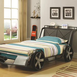Item # 004TB Race Car Twin Bed - This Twin size gunmetal/Silver race car bed features four large wheels, faux headlights and a leatherette headboard with a storage shelf<br><br>