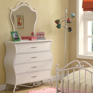 Item # 256DR 4 Drawer Dresser - <B>*Mirror Sold Separately*</B> Case pieces feature wavy curves and is finished with metal scroll designs against white<br><br>Whimsical designs with bombe style case pieces<br><br>