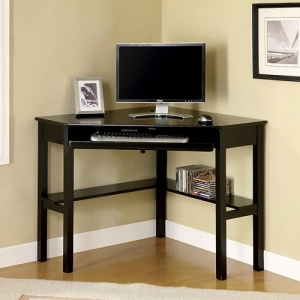 Item # A0044D - Simple and sleek, this basic corner computer desk has open shelving for media storage and a hidden pullout keyboard tray for computer use<br><Br>