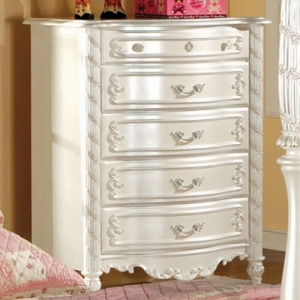 Item # 031CH Pearl White 5 Drawer Chest - Carved motif design finished in pearl white with hand-brushed gold accents<br><br>