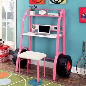 Item # 121D Pink Desk - Slender Top Display Shelf<br><Br>Leatherette Stool<br><Br>Realistic Wheel Accents<br><br>Metal Construction<br><br>USB Outlet<br><Br>
