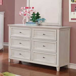 Item # 268DR White Dresser - Style Transitional<br>
Color/Finish Antique White<br>
Material Solid wood, others, wood veneers<br>
Hardware Nickel<br>
Length 47 5/8<br>
Width 17<br>
Height 34<br>
Product Dimension<br>
Dresser 47 5/8
