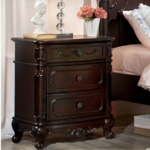 Item # A0030NS - This Victorian Style Nightstand with dovetailed drawers and metal glides incorporates floral motifs hardware, antique ecru finish and traditional carving details<br><Br>